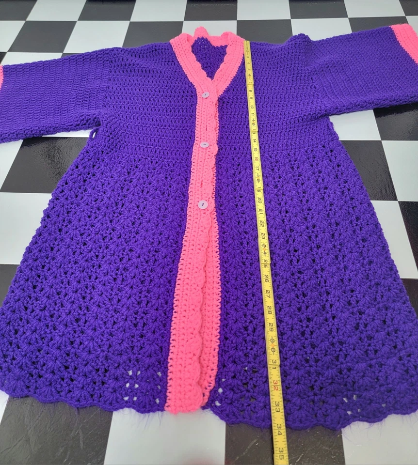 Abrigo largo suéter de colección hecho a mano manga kimono ganchillo 3 botones púrpura y rosa Foto 4 de 4