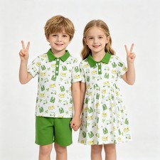 Carrito de golf y traje polo con estampado de maestros verde ropa de verano para niños pequeños