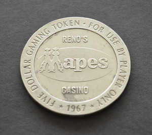 1967 Franklin Mint 40g Solid Sterling Silver Reno's Mapes Casino $5 Gaming Token