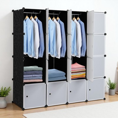 16-Cube Modular Wardrobe Storage 4-Tier - Stackable, Door, Plastic, Rods & Black