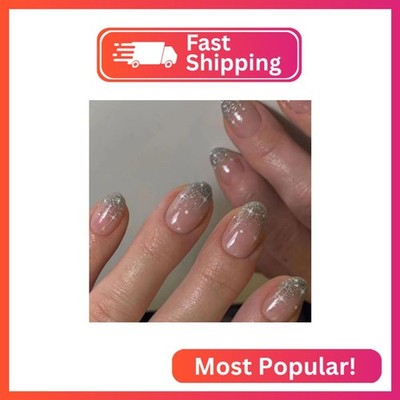 Glitter Press on Nails Short Almond Fake Nails Press ons with Designs Pink False