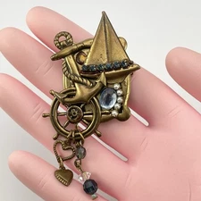 Vintage Nautical Gold Tone Blue Beaded Brooch Pin Anchor Sailboat Wheel Boho
