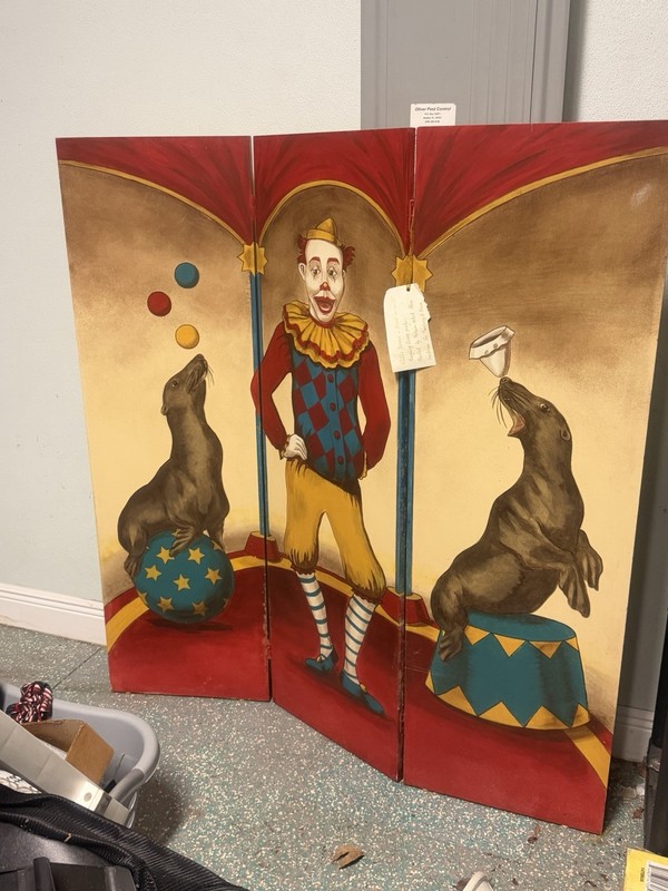 Alix Soubiren Circus Clown & Seals Triptych Painting Americana Illustration Art