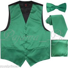 Emerald Green Tuxedo Vest Waistcoat and Neck tie  Straight Cut Bowtie Hanky Set