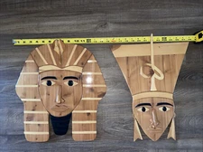 3D Pieced Wooden Egyptian King Tut Wall Art Pair ~ Unusual Unique Art ~ 15" X 14