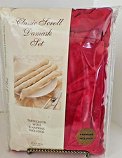 Classic Red Scroll Damask Tablecloth Set with 6 Napkins--Oblong Size 60" x 102"