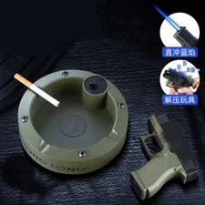 Refillable Jet Flame Pistol Gun Torch Cigarette Cigar Gas Lighter Ashtray Set