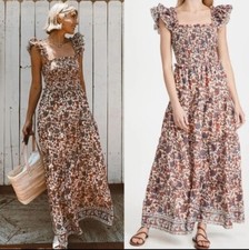 Anthropologie Love The Label Smocked Bust Tiered Bouquet Maxi Dress Orange Sz L