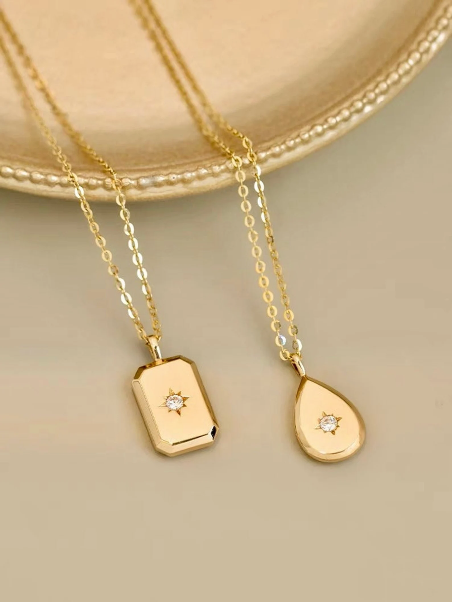 14k Gold Rectangle Pendant Necklace/Teardrop Pendant/ Minimalist
