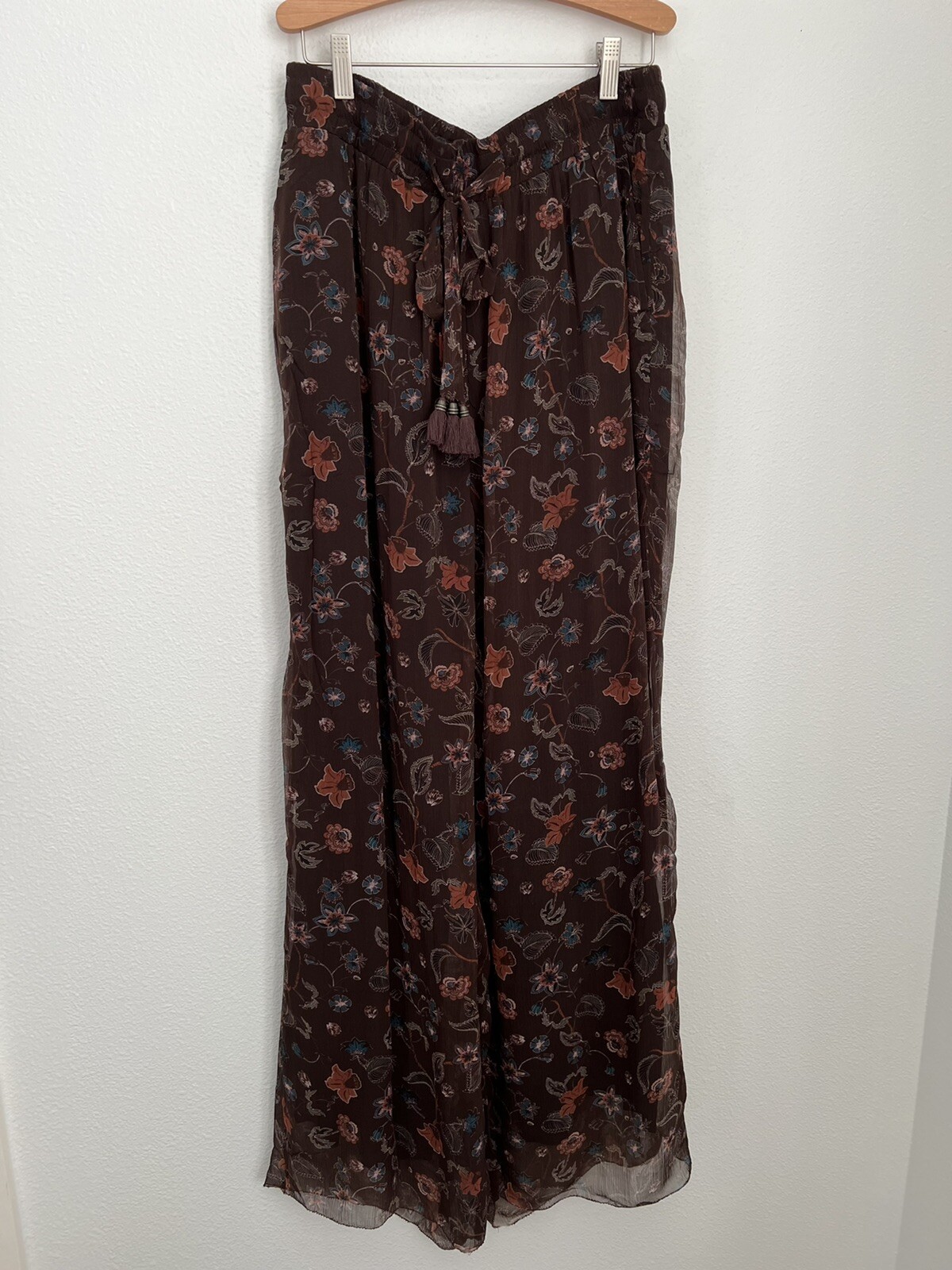 ALTRA Sundance ""Misha"" pantaloni gamba larga marrone floreale chiffon pull on pantaloni foderati nuovi L