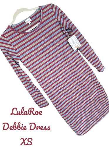NWT Lularoe Debbie Dress- Classic Red, Blue and Grey Stripes- XS - Afbeelding 1 van 6