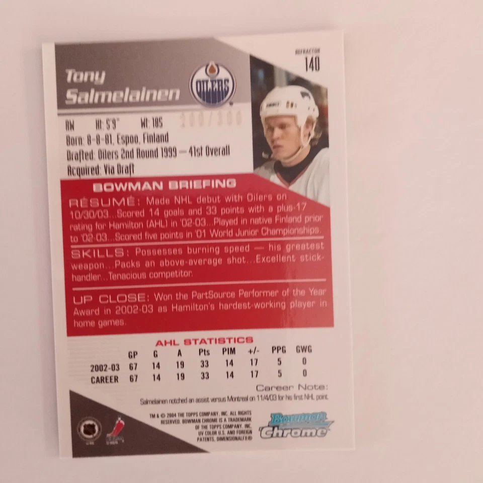 2003 Bowman Chrome Draft Picks & Prospects Refractor Tony Salmelainen Rookie RC - Image 2 of 2