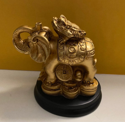 Feng Shui Money Frog (Toad) on Lucky Elephant Statue Figurine Decor for Wealth