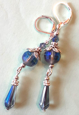 Faceted MONTANA BLUE CRYSTAL dangle earring SP LEVERBACK handcrafted X7A