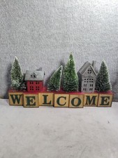 Light Up Christmas Welcome Red Block Shelf Sign With Trees Christmas Shelf Decor