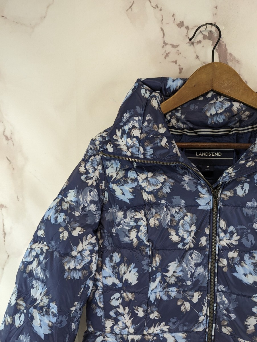 Lands End Down Jacket Womens 8 Medium Puffer Coat Blue Floral Zip 