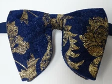 Handmade Oversized Navy Gold Velvet Bow tie Vintage style 70s Wedding Prom Gift