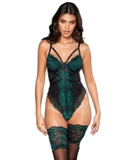 Pour Moi BLACK/FOREST After Hours Embroidered Cage Bodysuit, US 36G, UK 36F