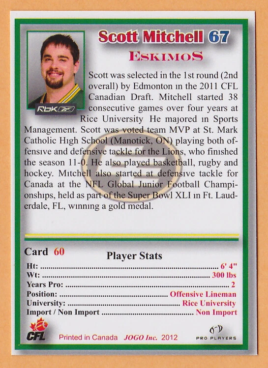 Scott Mitchell 2012 Jogo CFL card #60 Edmonton Eskimos  Rice Owls - Image 2 of 2