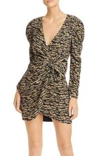 Bardot Tracey Twist Chiffon Draped Wrap Mini Dress Animal Print Black Brown 2 XS