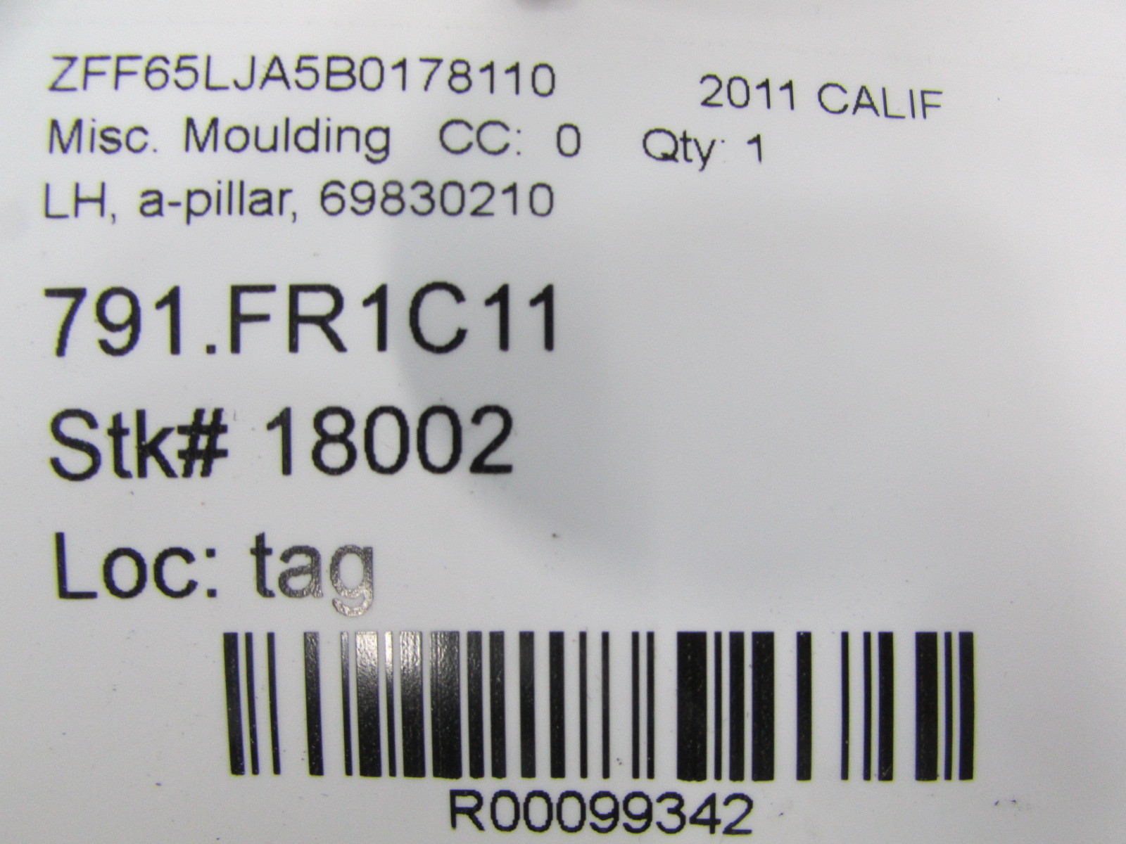 Ferrari California, LH, Left Outer A-Pillar Trim, Used, P/N 69830210