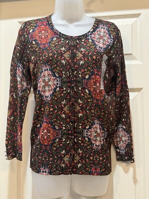 Premise Floral Brown Multi Print Stretch Top Blouse Long Sleeve Medium NWT