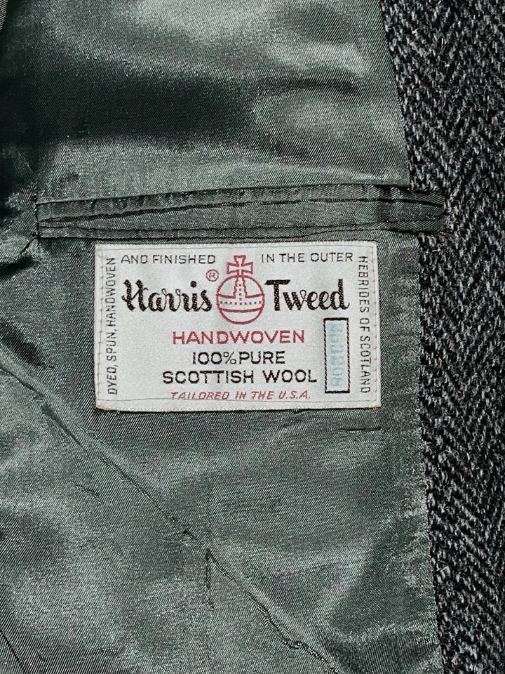 Vtg HARRIS TWEED Scottish Wool Tweed Black/Gray Herringbone Jacket Blazer 46 L - Image 4 of 4