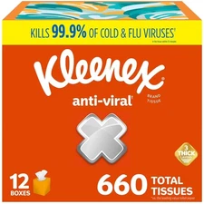 Kleenex Anti-Viral 3-Ply Facial Tissues, Cube Boxes 55 Tissues/Box, 12 Boxes