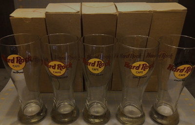 Lot Of 5 Hard Rock Cafe Beer Pilsner Collector Glasses & Boxes Skydome San Juan