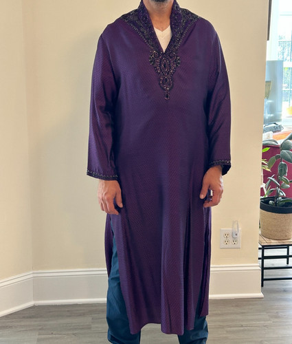 Beaded Indian Ceremonial Kurta Sherwani Robe, Deep Purple with Sequin Detail
