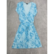 Lands End Dress Womens Size M Paisley Faux Wrap Tie Waist Stretch Comfort Blue