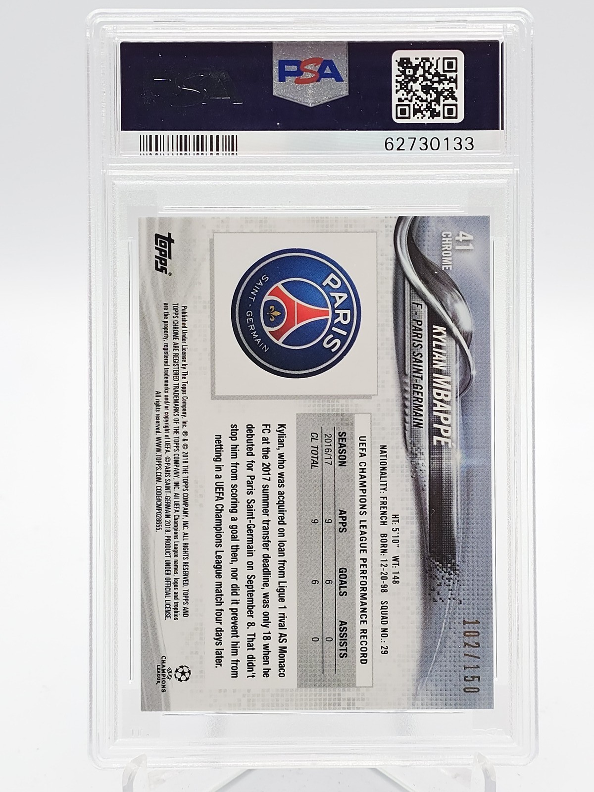 KYLIAN MBAPPE 2017-18 TOPPS CHROME UEFA BLUE REFRACTOR /150 #41 PSA 9 Q6159 view 2