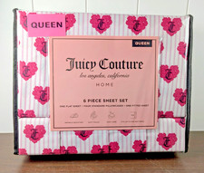 Juicy Couture Queen 6pc Sheet Set, Juicy Monogram, Rose Hearts & Pink Lines