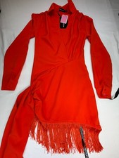 Prettylittlething Womens Bodycon Dress Fringed Hem Long Sleeve Size 2 Orange NWT