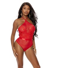Elegant Moments 77154 Red Embroidered Teddy with Halter Neck and Lace-Up Back De