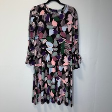 Nine West Abstract Brushstroke Print Bell Sleeve Tie Cuff Dress Black Pink 6