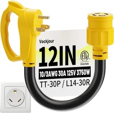30 Amp to 30 Amp RV Generator Plug Adapter 12 Inch, NEMA TT-30P Male to NEMA L14