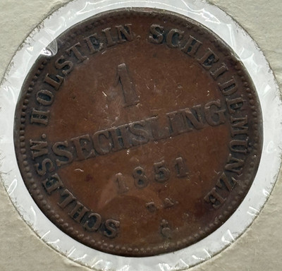 1851 German States Schleswig-Holstein 1 Sechsling coin