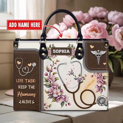 Custom Leather Handbag   Nurse Stethoscope & Floral Design   Personalized Name H