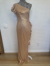 SEQUINED ONE-SHOULDER RUFFLE MERMAID GOWN IN Gold Rose