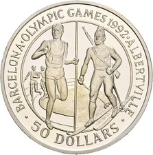 Künker: Cook Islands, 50 Dollar 1989, Olympia Winter & Sommer Biathlon Silber PP