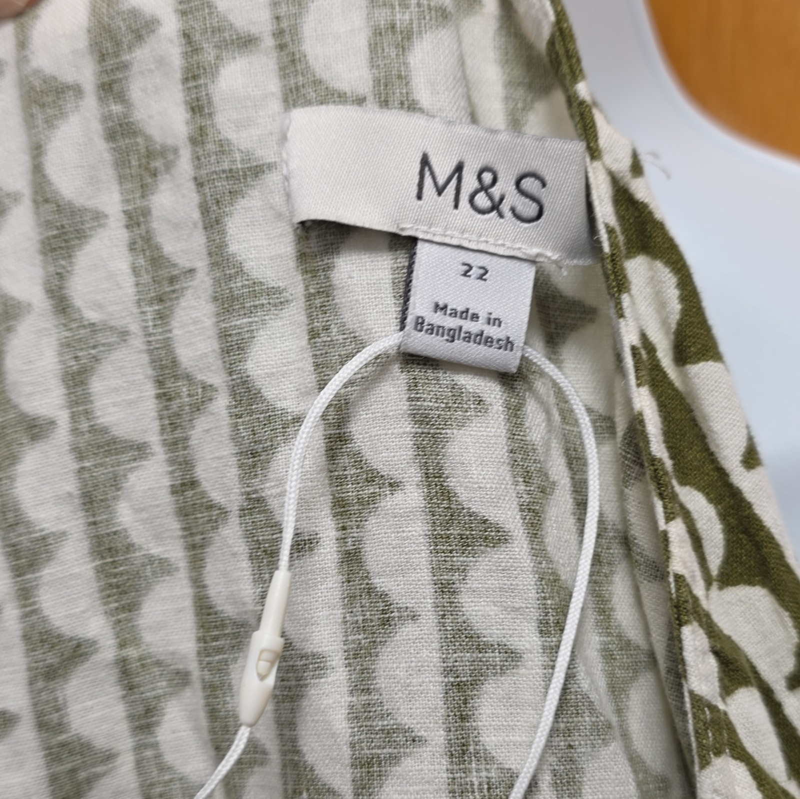 M&S Green White Geometric One Shoulder Linen Viscose Tie Blouse UK 22 image 9