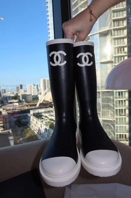 CHANEL Knee High Rain Boots Black White Logo Rubber Pull On