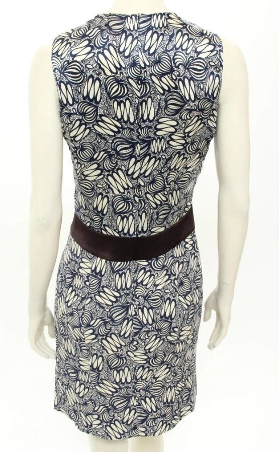 CELINE Abito in guaina collo a V blu navy e crema seta stampa batik 38