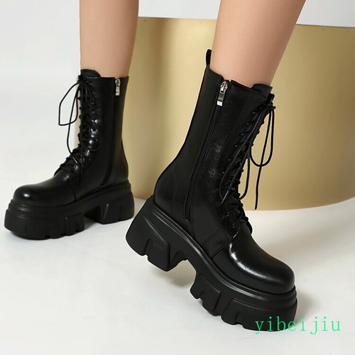 Damen Gothic Runde Spitze Stiefeletten Plateau Dicke Sohle High Top Absatz Schuhe Lady - Bild 20 von 28