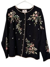 Tiara International Cardigan Sweater Sz L Embroidered Button Floral Sequin 2002