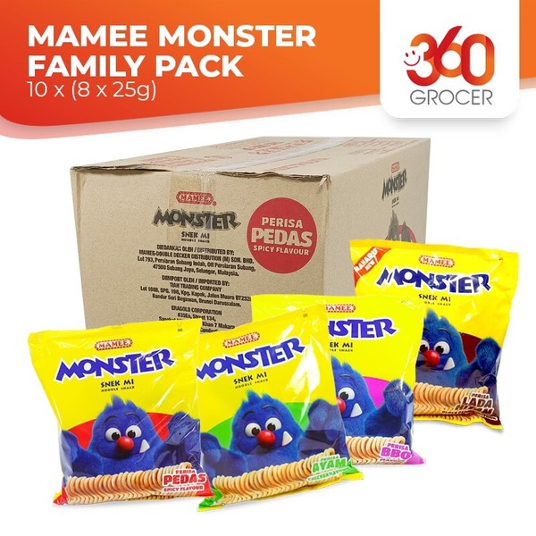 10 x (8x25g) Mamee Monster Family Pack FIDEOS BOCADILLO SABOR MALASIA BARBACOA,