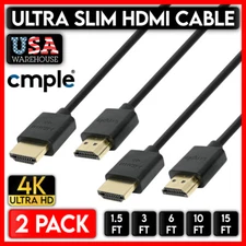 HDMI Cable Ultra Slim HDMI Cord 4K 2K 2.0 HDTV PC Laptop Monitor Cable Lot of 2