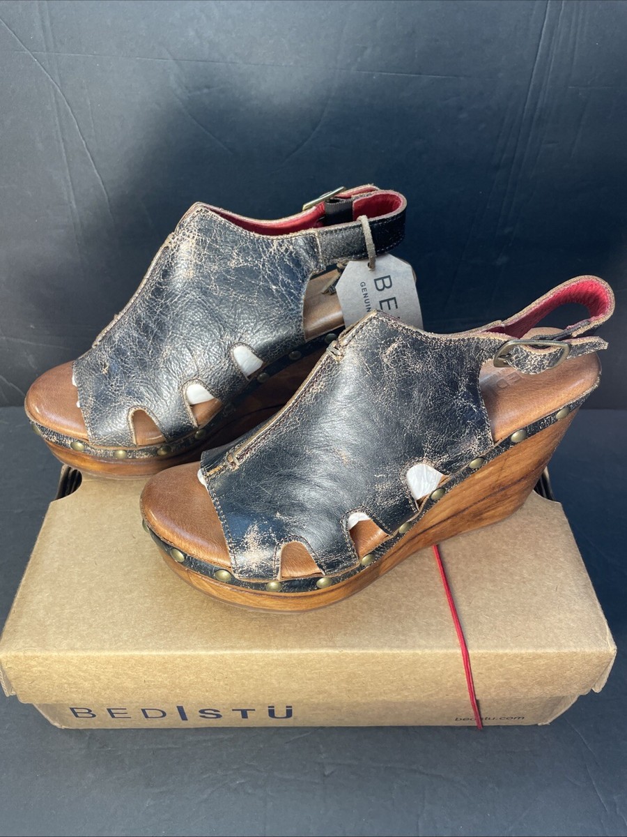 Bed Stu Women's Naiya Leather Wedge Sandals NC3 Black Lux F399026