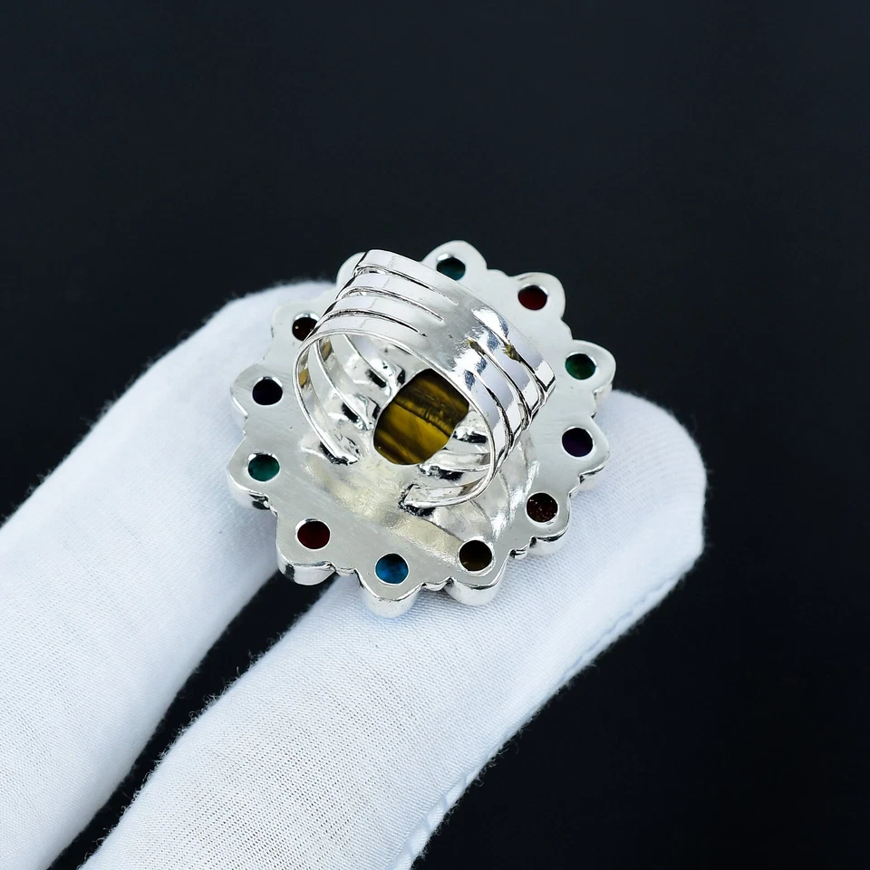 Di Tigre Occhio,Corallo Rosso & Multi Gemma Anello,Fatto 925 Anello Argento - Immagine 4 di 4